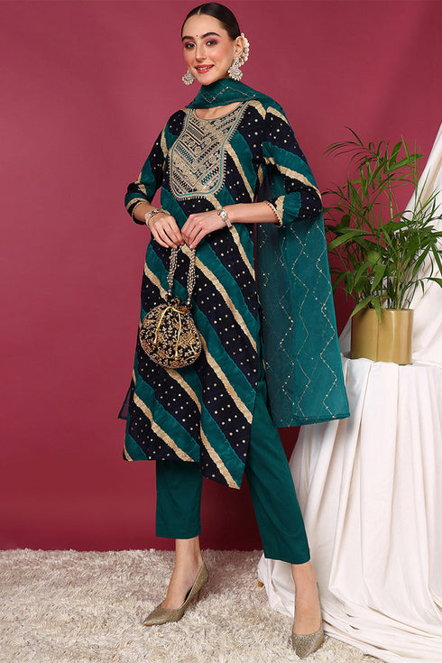 Plus Size Navy Blue Viscose Rayon Leheriya Printed Yoke Design Straight Suit Set